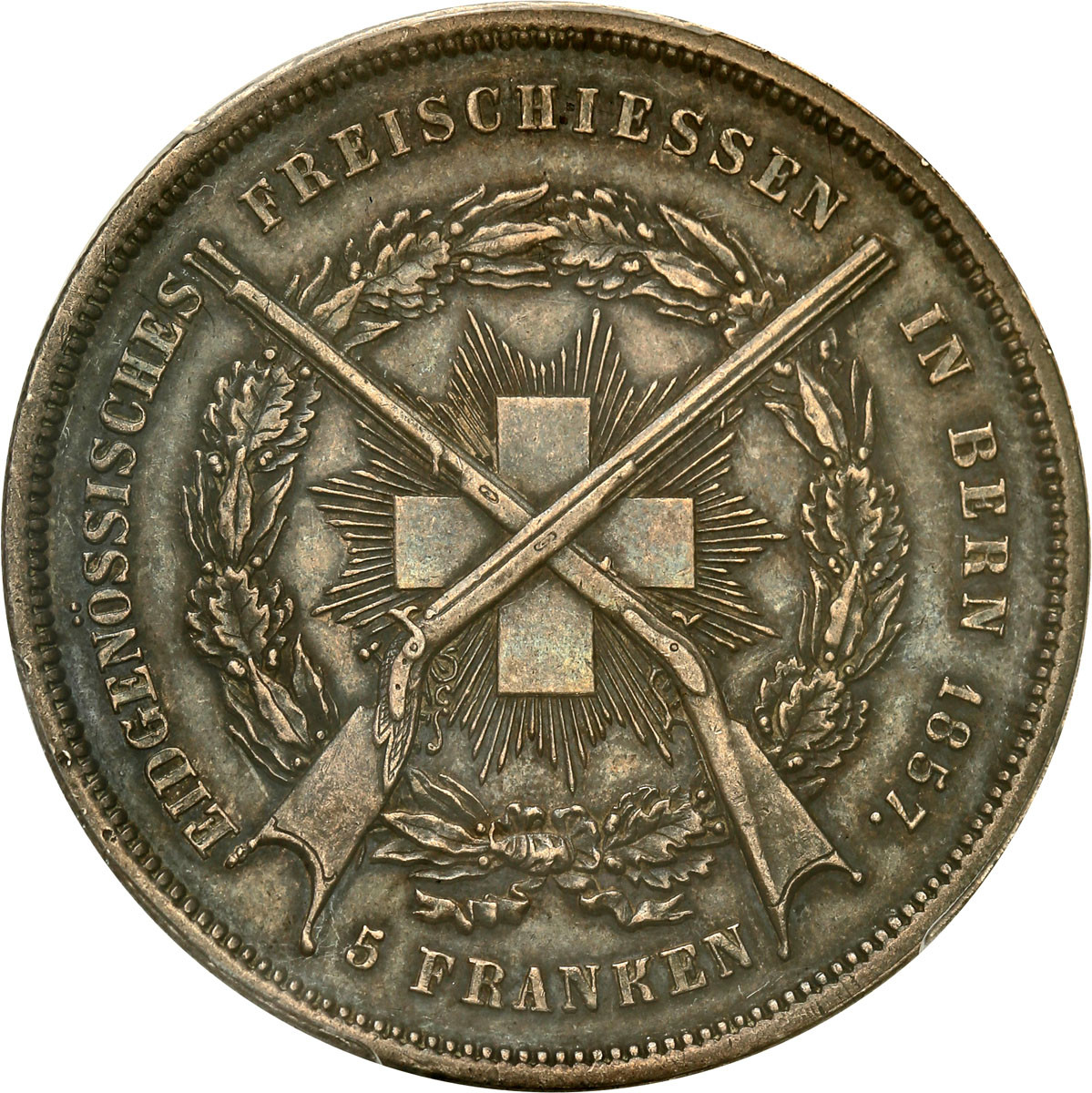 Szwajcaria. 5 franków 1857, Berno PCGS AU50 - nakład 5195 sztuk